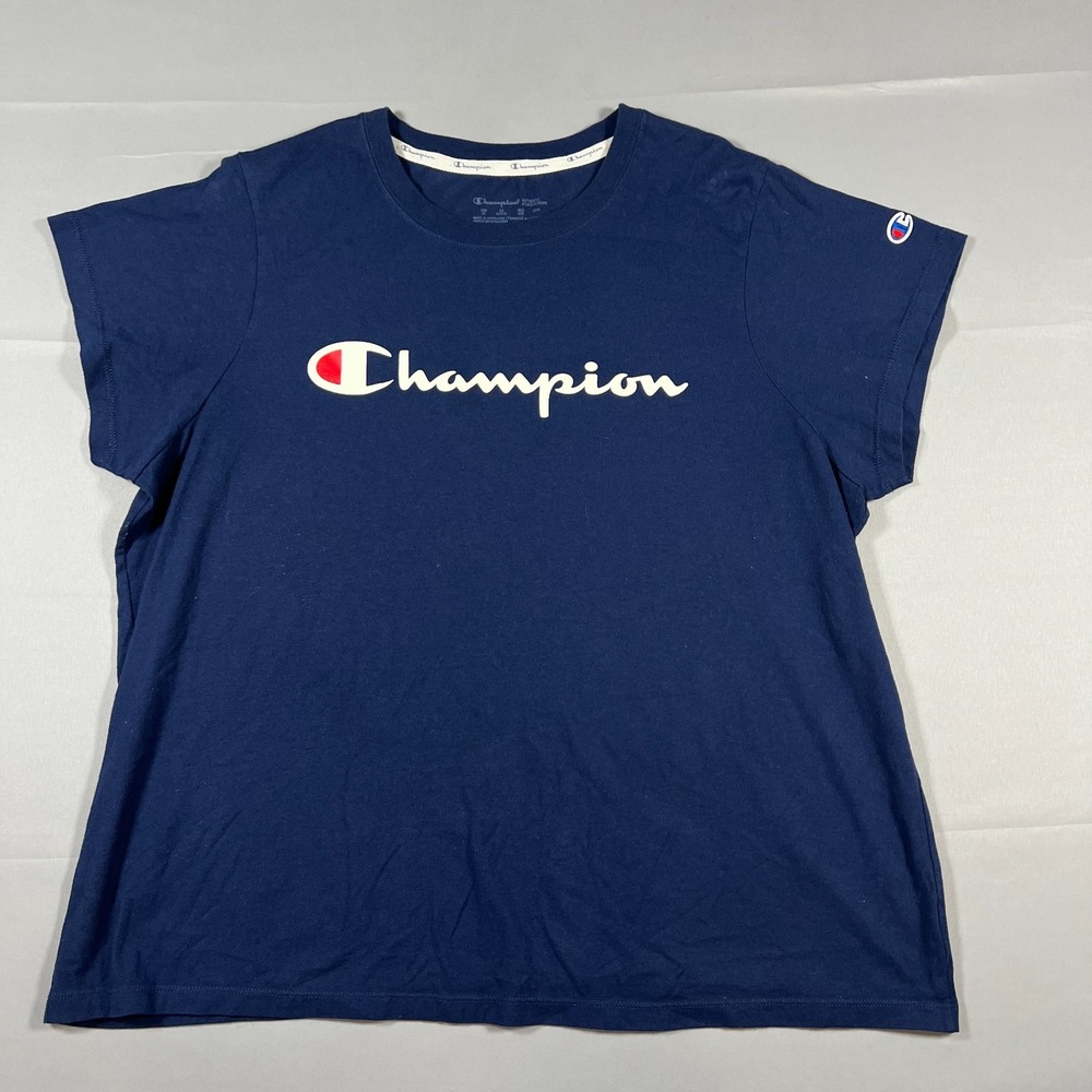 Champion Authentic T Shirt Women 2X Navy Script Logo Cotton Performance Pullover